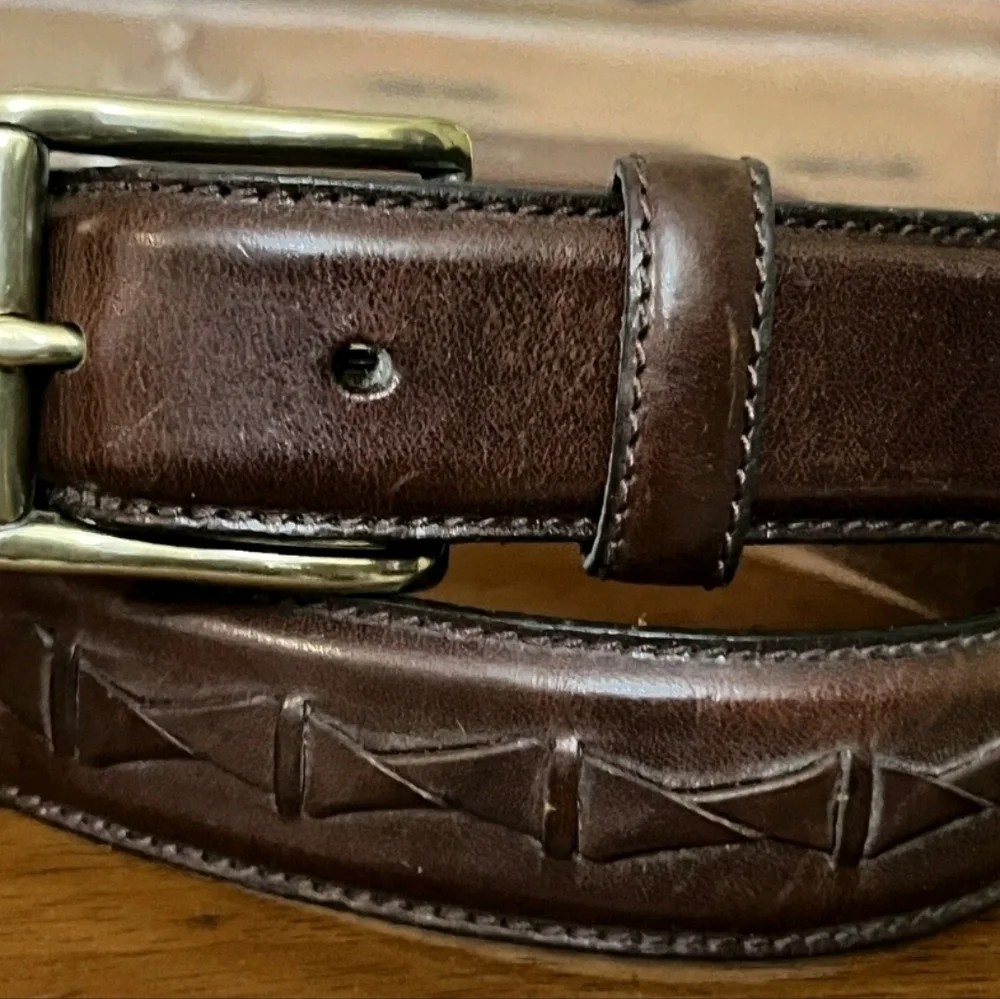 Fossil Men's Brown Woven Leather Belt Brass Basic Classic Western Dress Preowned